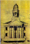 yellowed drawing of building with tower